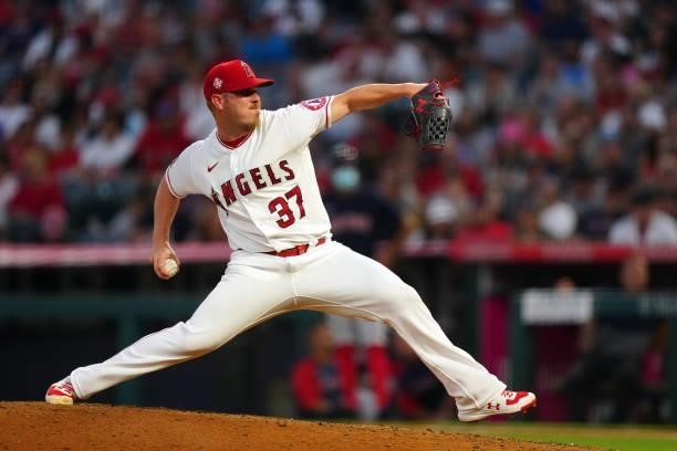 Dylan Bundy of the Los Angeles Angels pitches during the game between the Boston Red Sox and the Los Angeles Angels at Angel Stadium on Monday, July...