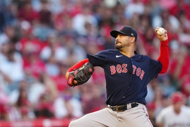 Martín Pérez of the Boston Red Sox pitches during the game between the Boston Red Sox and the Los Angeles Angels at Angel Stadium on Monday, July 5,...