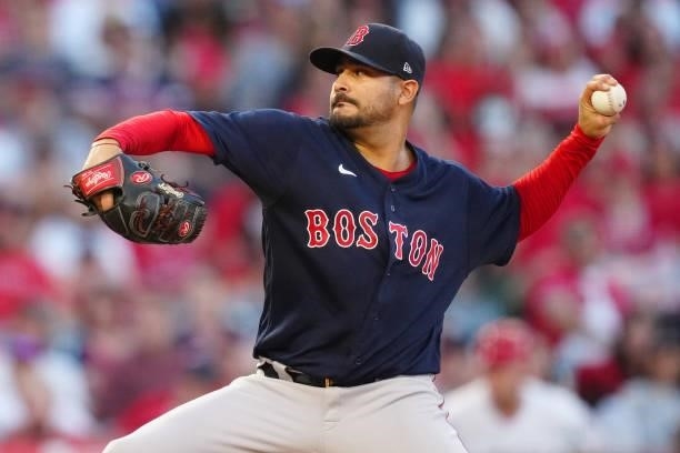 Martín Pérez of the Boston Red Sox pitches during the game between the Boston Red Sox and the Los Angeles Angels at Angel Stadium on Monday, July 5,...
