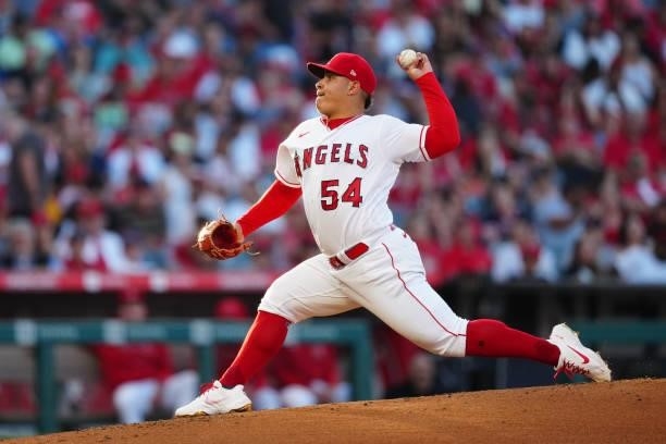 José Suarez of the Los Angeles Angels pitches during the game between the Boston Red Sox and the Los Angeles Angels at Angel Stadium on Monday, July...