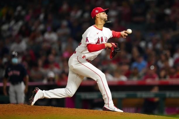 Steve Cishek of the Los Angeles Angels pitches during the game between the Boston Red Sox and the Los Angeles Angels at Angel Stadium on Monday, July...