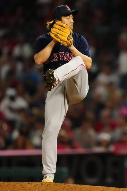 Hirokazu Sawamura of the Boston Red Sox pitches during the game between the Boston Red Sox and the Los Angeles Angels at Angel Stadium on Monday,...