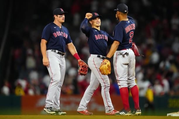 The Boston Red Sox celebrate after the game between the Boston Red Sox and the Los Angeles Angels at Angel Stadium on Monday, July 5, 2021 in...