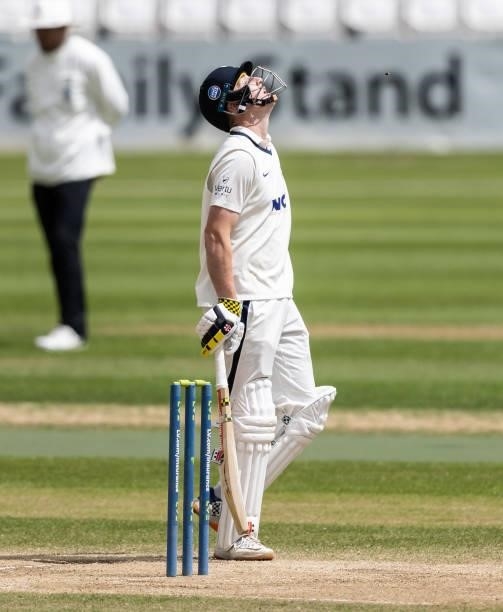 Harry Brook of Yorkshire looks skywards after reaching his century during day three of the LV= Insurance County Championship match between...