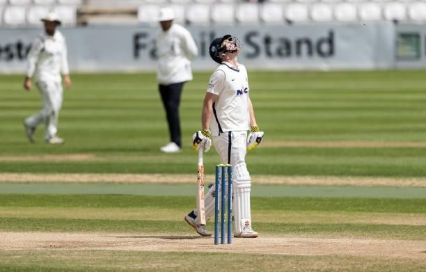 Harry Brook of Yorkshire looks skywards after reaching his century during day three of the LV= Insurance County Championship match between...