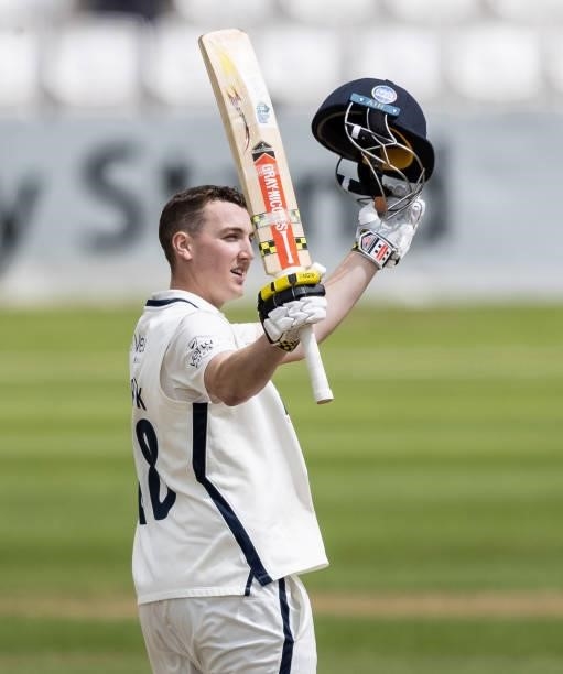 Harry Brook of Yorkshire acknowledges the applause on reaching his century during day three of the LV= Insurance County Championship match between...