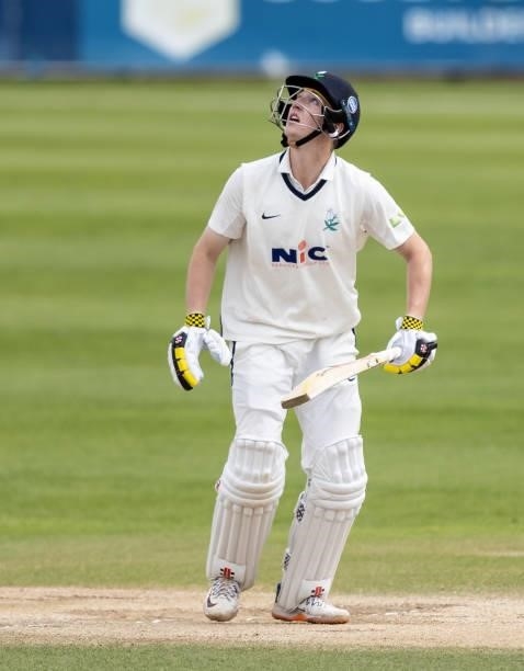 Harry Brook of Yorkshire looks skyward during day three of the LV= Insurance County Championship match between Northamptonshire and Yorkshire at The...