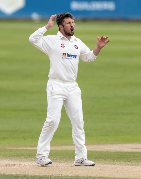 Simon Kerrigan of Northamptonshire rues a near miss during day three of the LV= Insurance County Championship match between Northamptonshire and...