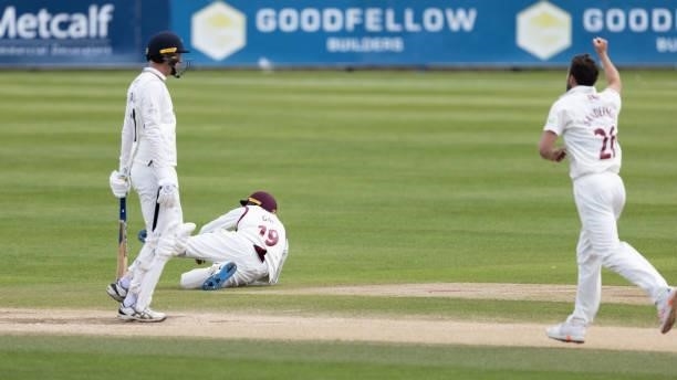 Steven Patterson of Yorkshire is caught by Emilio Gay of Northamptonshire off of the bowling of Ben Sanderson during day three of the LV= Insurance...