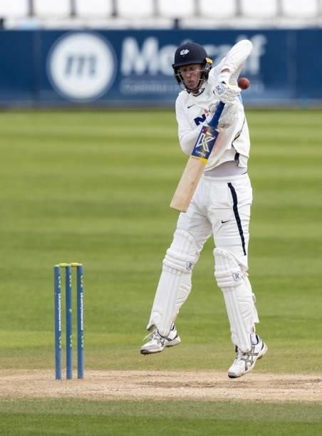 Steven Patterson of Yorkshire defends during day three of the LV= Insurance County Championship match between Northamptonshire and Yorkshire at The...