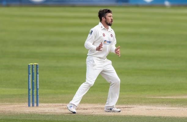 Simon Kerrigan of Northamptonshire rues a near miss during day three of the LV= Insurance County Championship match between Northamptonshire and...