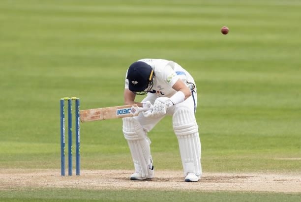 Ben Coad of Yorkshire ducks under a delivery from Ben Sanderson of Northamptonshire during day three of the LV= Insurance County Championship match...
