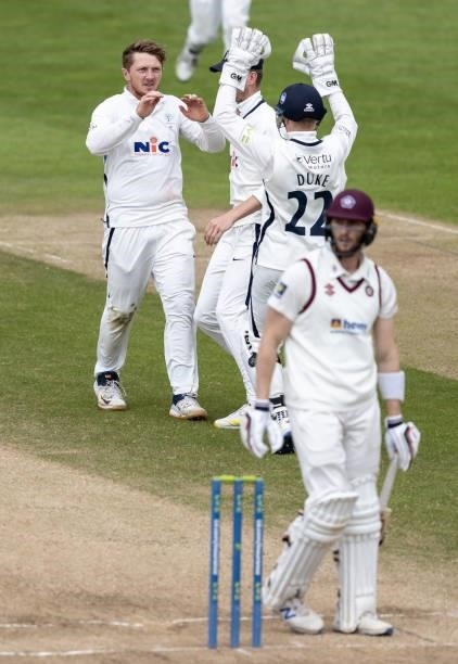 Dominic Bess of Yorkshire celebrates after taking the wicket of Rob Keogh of Northamptonshire during day three of the LV= Insurance County...