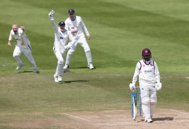 Saif Zaib of Northamptonshire is caught by Adam Lyth of Yorkshire off off the bowling of Duanne Olivier during day three of the LV= Insurance County...