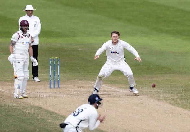 Bowler Dominic Bess of Yorkshire looks on as team mate Harry Brook takes a catch to dismiss Rob Keogh of Northamptonshire during day three of the LV=...