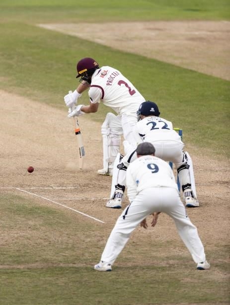 Luke Procter of Northamptonshire defends during day three of the LV= Insurance County Championship match between Northamptonshire and Yorkshire at...