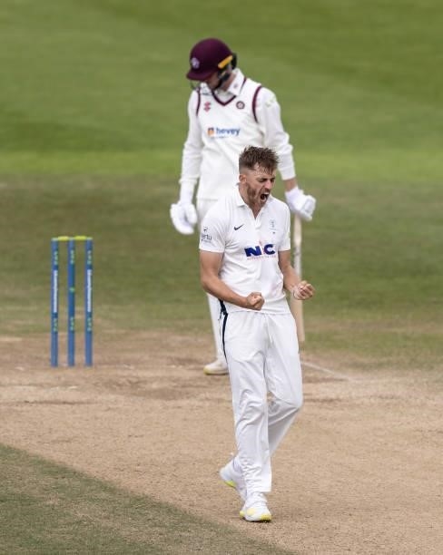 Ben Coad of Yorkshire celebrates after taking the wicket of Tom Taylor of Northamptonshire during day three of the LV= Insurance County Championship...