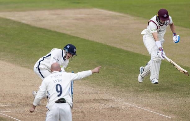 Wayne Parnell of Northamptonshire is run out by a throw from Jordan Thompson of Yorkshire during day three of the LV= Insurance County Championship...