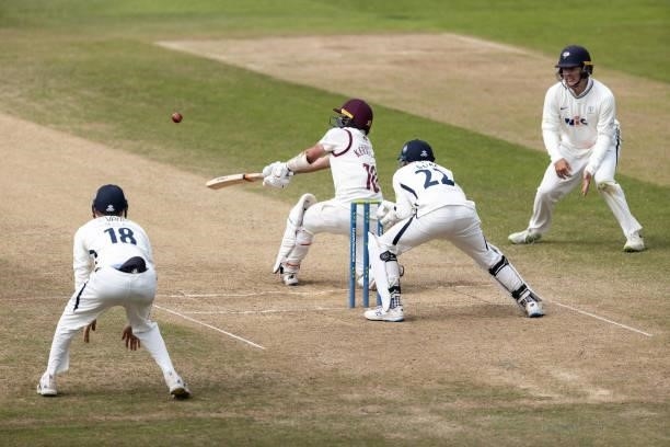 Simon Kerrigan of Northamptonshire batting during day three of the LV= Insurance County Championship match between Northamptonshire and Yorkshire at...