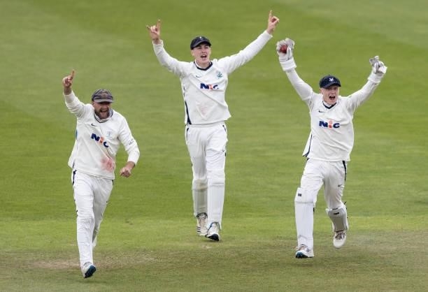 Wicketkeeper Harry Duke of Yorkshire celebrates after taking a catch to dismiss Simon Kerrigan of Northamptonshire during day three of the LV=...