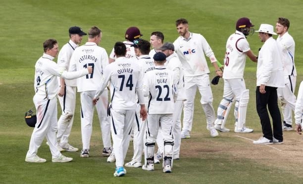 Yorkshire players celebrate victory during day three of the LV= Insurance County Championship match between Northamptonshire and Yorkshire at The...