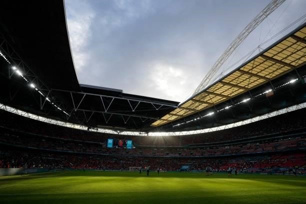 General view shows the pitch ahead of the UEFA EURO 2020 semi-final football match between Italy and Spain at Wembley Stadium in London on July 6,...