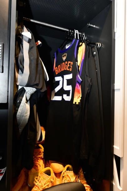 The jersey of Mikal Bridges of the Phoenix Suns before the game against the Milwaukee Bucks during Game One of the 2021 NBA Finals on July 6, 2021 at...