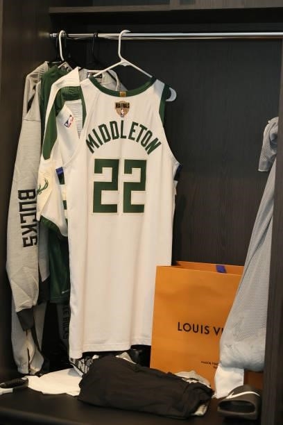 The jersey of Khris Middleton of the Milwaukee Bucks prior to the game against the Phoenix Suns during Game One of the 2021 NBA Finals on July 6,...