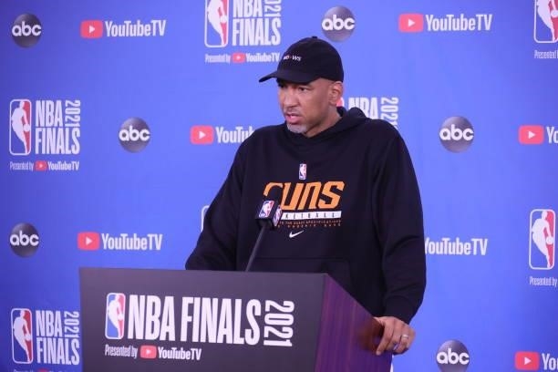 Head Coach Monty Williams of the Phoenix Suns talks to the media prior to the game against the Milwaukee Bucks during Game One of the 2021 NBA Finals...