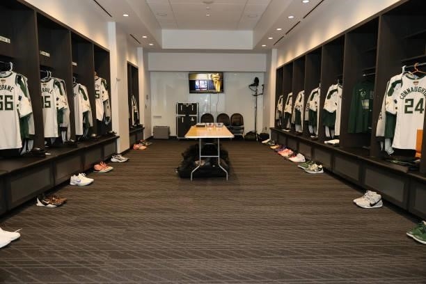 View of the locker room and the Milwaukee Bucks jerseys before the game against the Phoenix Suns during Game One of the 2021 NBA Finals on July 6,...