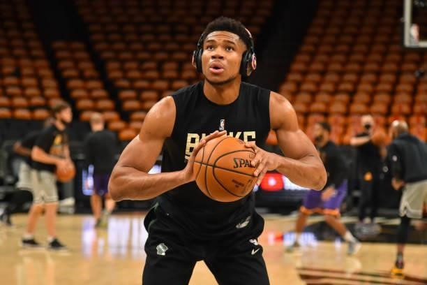 Giannis Antetokounmpo of the Milwaukee Bucks warms up before Game One of the 2021 NBA Finals against the Phoenix Suns on July 6, 2021 at Phoenix Suns...