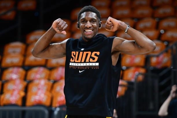 Langston Galloway of the Phoenix Suns smiles and flexes before Game One of the 2021 NBA Finals against the Milwaukee Buckson July 6, 2021 at Phoenix...