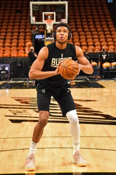 Giannis Antetokounmpo of the Milwaukee Bucks warms up before Game One of the 2021 NBA Finals against the Phoenix Suns on July 6, 2021 at Phoenix Suns...