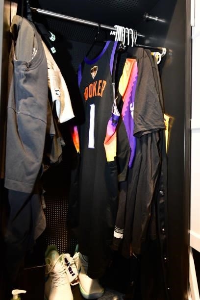 The jersey of Devin Booker of the Phoenix Suns before the game against the Milwaukee Bucks during Game One of the 2021 NBA Finals on July 6, 2021 at...