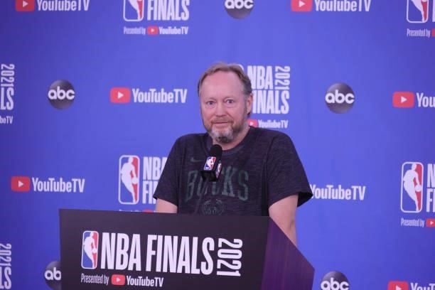 Head Coach Mike Budenholzer of the Milwaukee Bucks talks to the media prior to the game against the Phoenix Suns during Game One of the 2021 NBA...