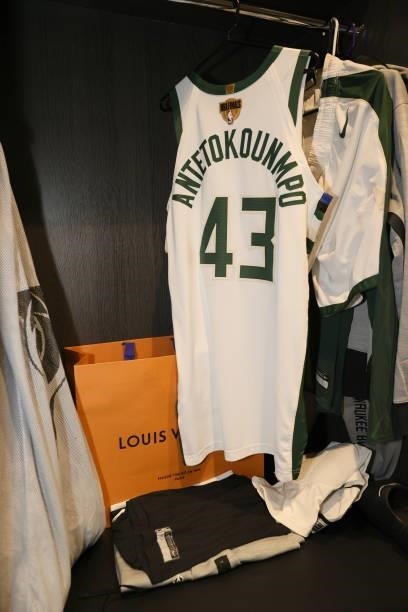 The jersey of Giannis Antetokounmpo of the Milwaukee Bucks prior to the game against the Phoenix Suns during Game One of the 2021 NBA Finals on July...