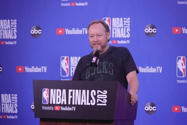 Head Coach Mike Budenholzer of the Milwaukee Bucks talks to the media prior to the game against the Phoenix Suns during Game One of the 2021 NBA...