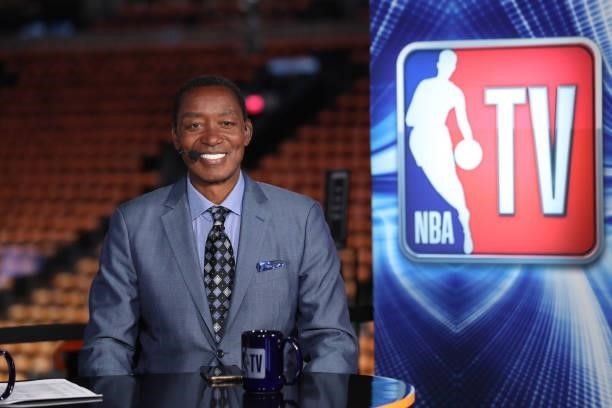 Analyst Isiah Thomas smiles before the game between the Milwaukee Bucks and the Phoenix Suns during Game One of the 2021 NBA Finals on July 6, 2021...