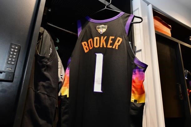 The jersey of Devin Booker of the Phoenix Suns before the game against the Milwaukee Bucks during Game One of the 2021 NBA Finals on July 6, 2021 at...