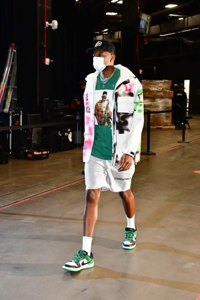 Torrey Craig of the Phoenix Suns arrives to the arena before the game against the Milwaukee Bucks during Game One of the 2021 NBA Finals on July 6,...