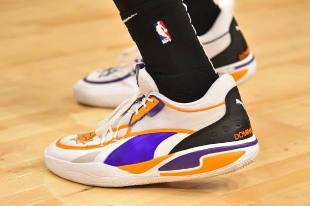 The sneakers of Deandre Ayton of the Phoenix Suns before Game One of the 2021 NBA Finals against the Milwaukee Bucks on July 6, 2021 at Phoenix Suns...