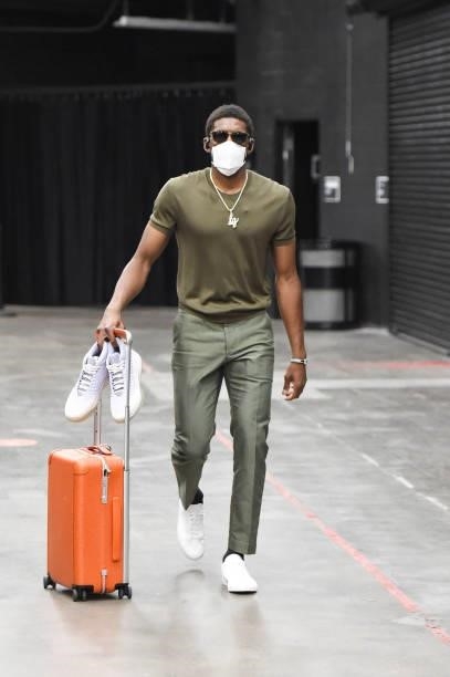 Langston Galloway of the Phoenix Suns arrives to the arena before the game against the Milwaukee Bucks during Game One of the 2021 NBA Finals on July...