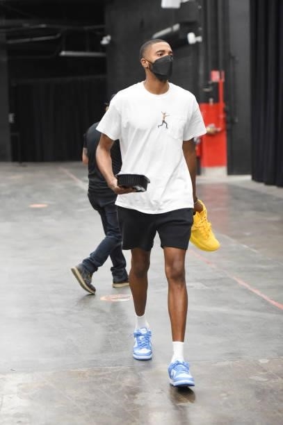Mikal Bridges of the Phoenix Suns arrives to the arena before the game against the Milwaukee Bucks during Game One of the 2021 NBA Finals on July 6,...