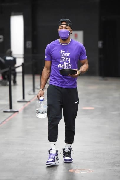 Jevon Carter of the Phoenix Suns arrives to the arena before the game against the Milwaukee Bucks during Game One of the 2021 NBA Finals on July 6,...