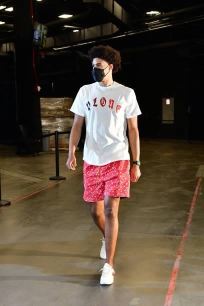 Cameron Payne of the Phoenix Suns arrives to the arena before the game against the Milwaukee Bucks during Game One of the 2021 NBA Finals on July 6,...