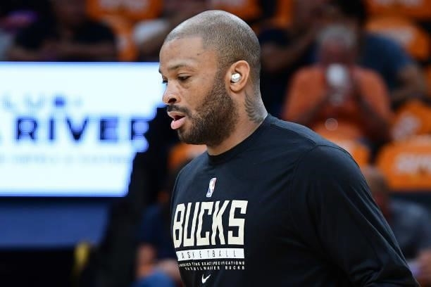 Tucker of the Milwaukee Bucks warms up before Game One of the 2021 NBA Finals against the Phoenix Suns on July 6, 2021 at Phoenix Suns Arena in...
