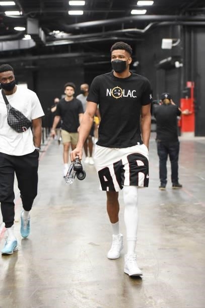 Giannis Antetokounmpo of the Milwaukee Bucks arrives to the arena before the game against the Phoenix Suns during Game One of the 2021 NBA Finals on...