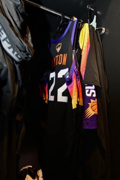The jersey of Deandre Ayton of the Phoenix Suns before the game against the Milwaukee Bucks during Game One of the 2021 NBA Finals on July 6, 2021 at...