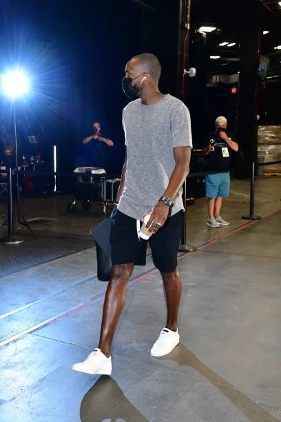 Khris Middleton of the Milwaukee Bucks arrives to the arena before the game against the Phoenix Suns during Game One of the 2021 NBA Finals on July...