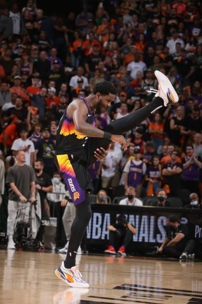 Deandre Ayton of the Phoenix Suns warms up prior to the game against the Milwaukee Bucks during Game One of the 2021 NBA Finals on July 6, 2021 at...